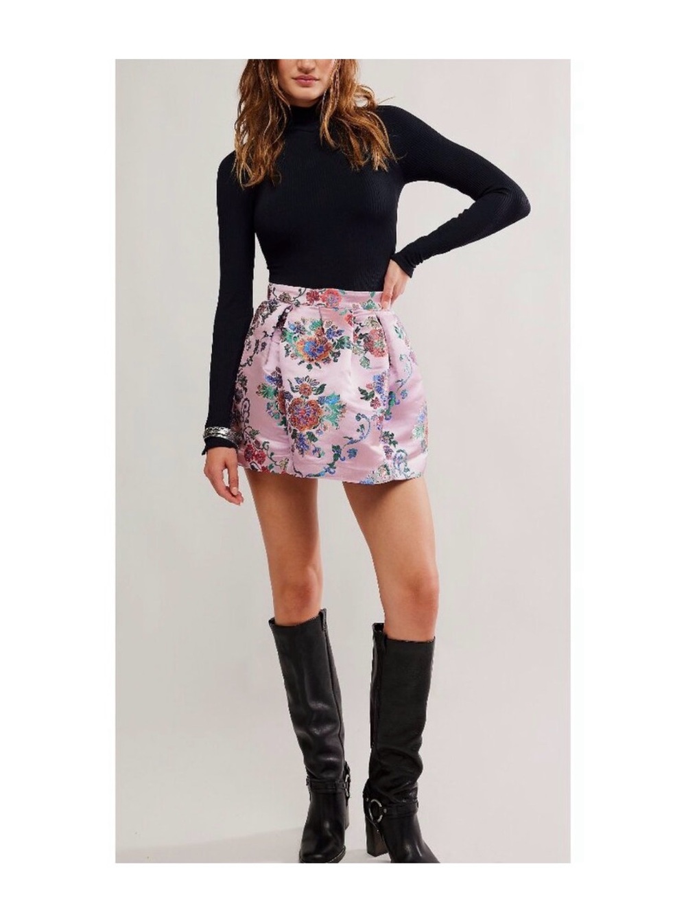Free People Pink Floral Jacquard Mini Skirt